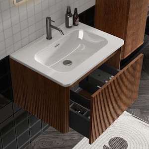 ENYA 24 in. W x 18.3 in. D x 15.6 in. H Single Sink Floating Bath Vanity in Walnut with White Caremic Top