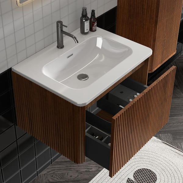 INSTER ENYA 24 in. W x 18.3 in. D x 15.6 in. H Single Sink Floating Bath Vanity in Walnut with White Caremic Top