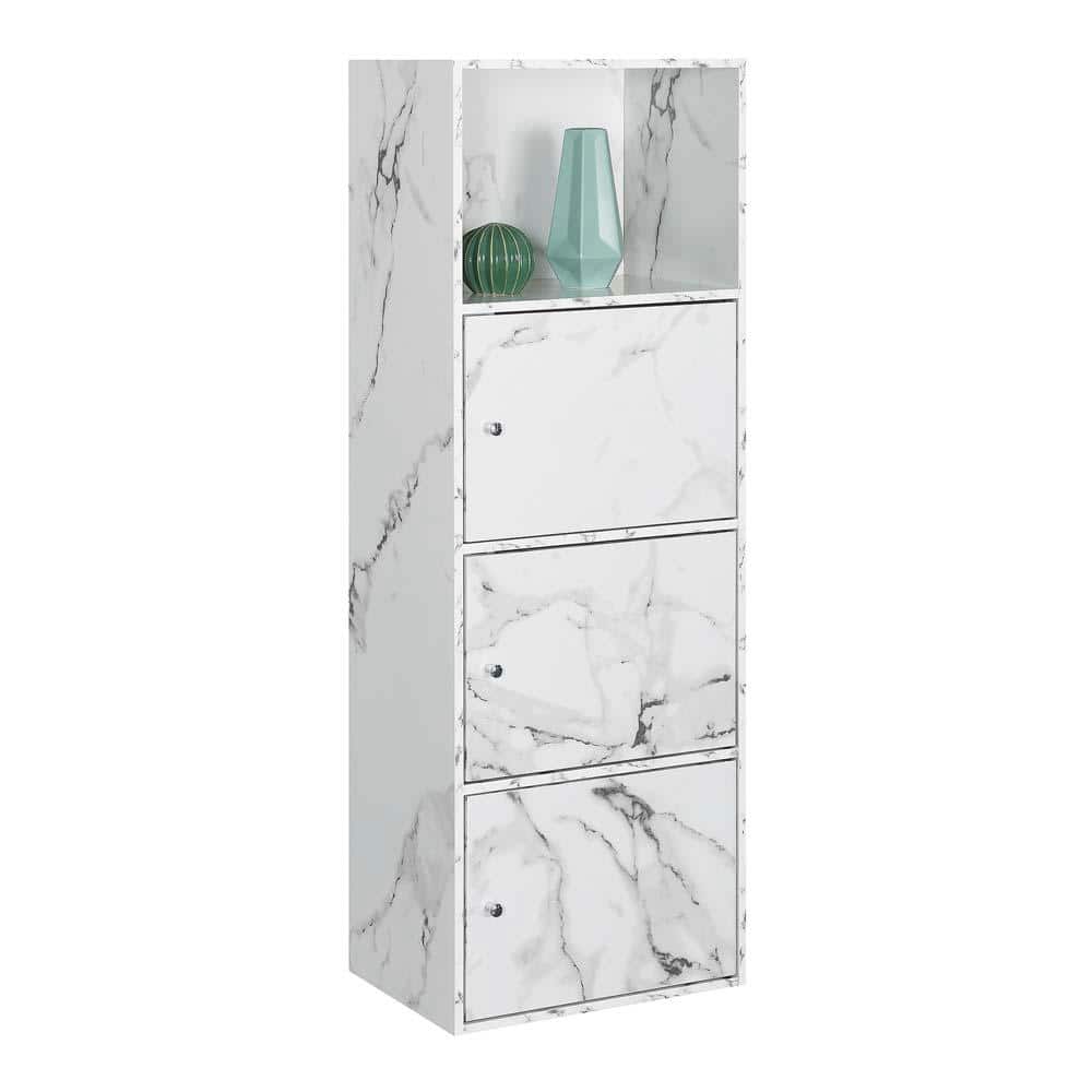 White Faux Marble 3-Door Office Storage Cabinet with Adjustable Shelving