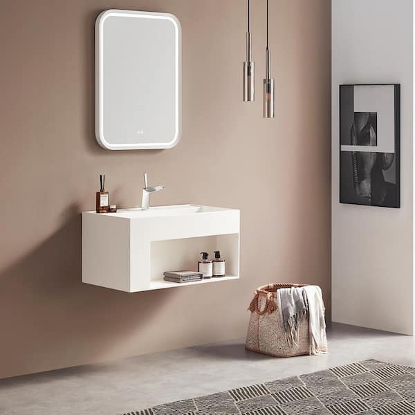 32 in. Wall-Mount Bathroom Solid Surface Vanity with Spacial Storage Area in Matte White