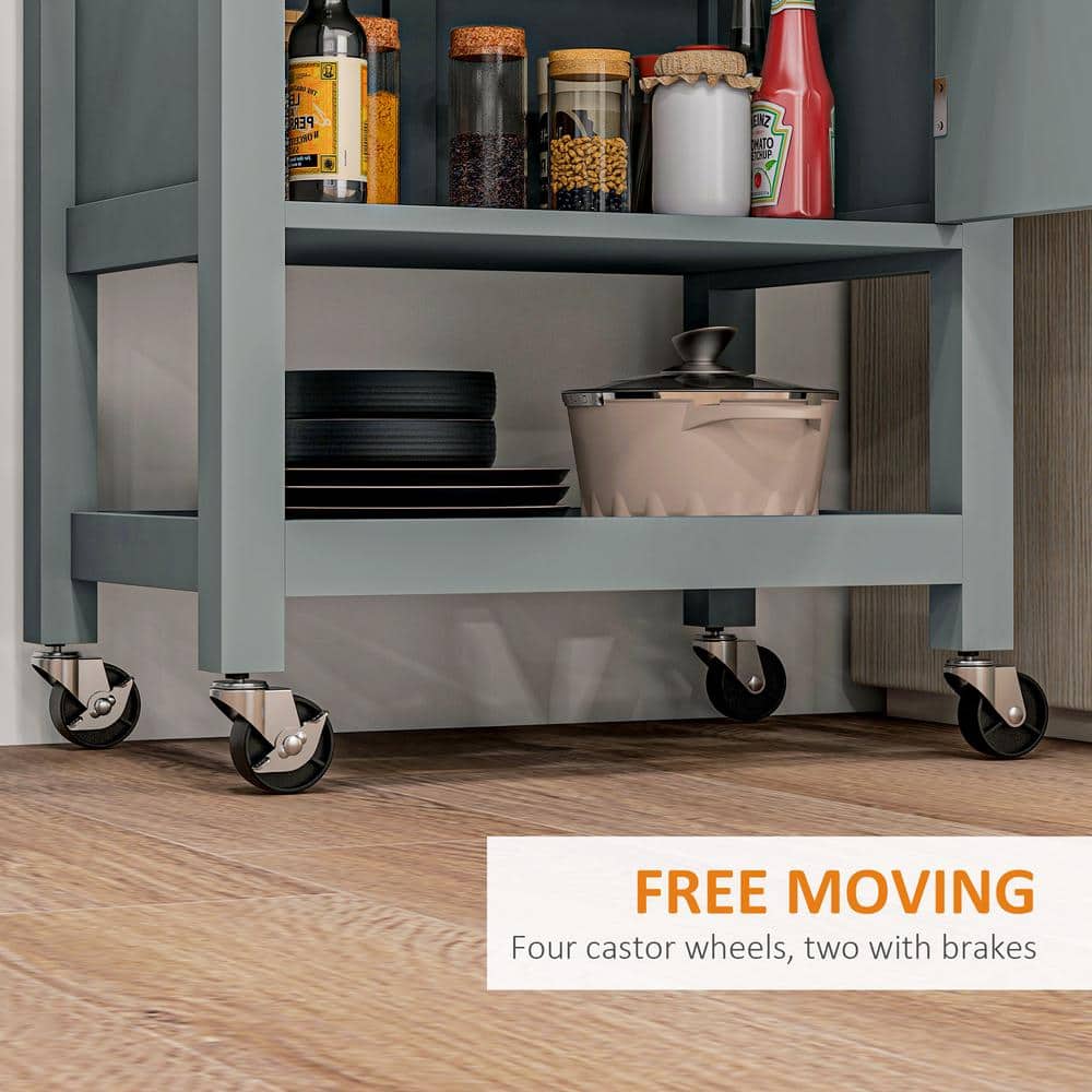 Gray Wood Rolling Kitchen Cart with Butcher Block Top and Storage