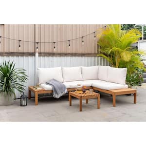 Molokai 3-Piece Wood Patio Conversation Set with White Cushions