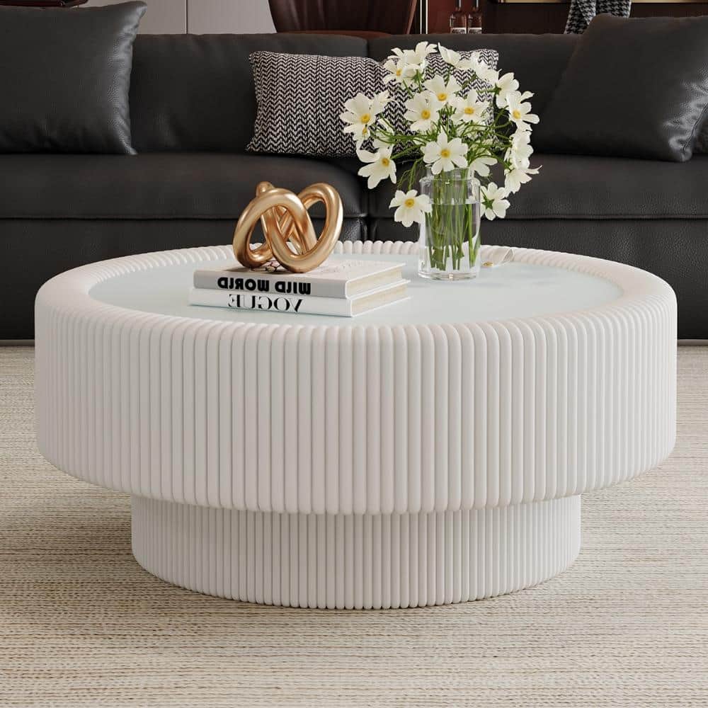 31.5 in. White Round Tempered Glass Coffee Table with Fluted Leather Frame, Lift Top Hidden Storage