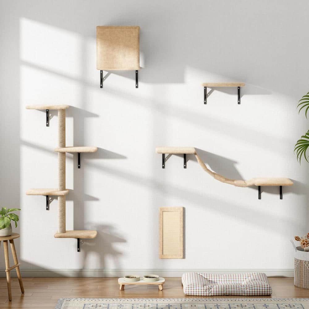 Beige Wall Mounted Cat Climber Set with Sisal Scratching Posts