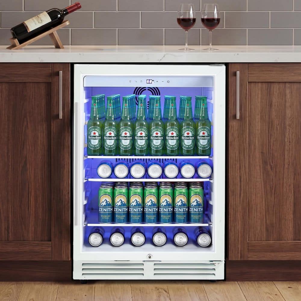 24 in. Auto Blue Lighting 240-Can Beverage Mini Refrigerator with 3-Removable Shelves Single Zone 4.9 cu. ft. in White