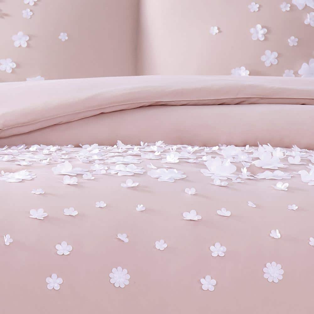Blush Microfiber Twin Reversible Comforter Set with Floral Applique