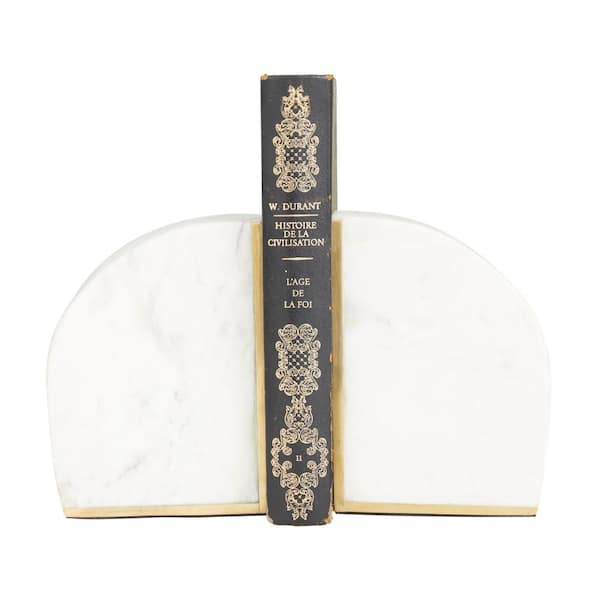 White Marble Geometric Bookends with Gold Inlay (Set of 2)