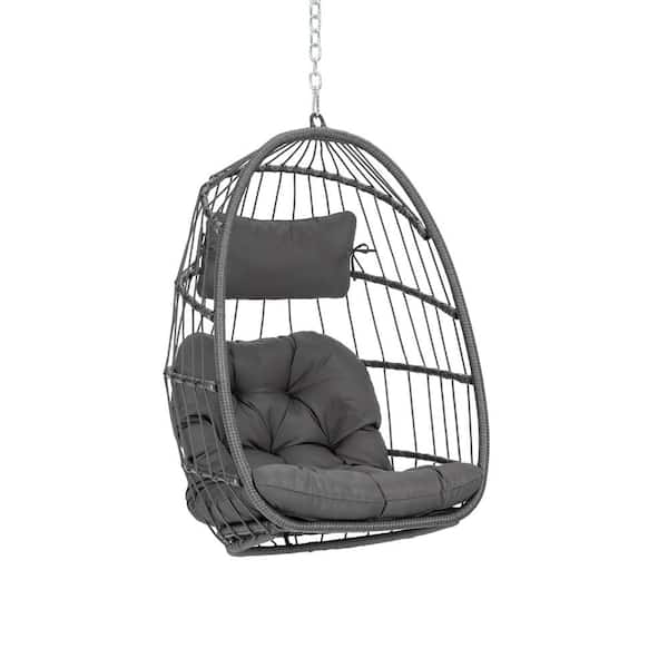 Brafab 3.44 ft. Wicker Patio Outdoor Hanging Egg Chair Hammock with Dark Gray Cushions