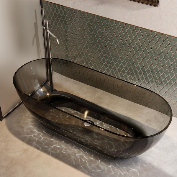 Modern 69 in. x 30 in. Soaking Transparent Resin Bathtub with Center Drain and Hose in Dark Gray