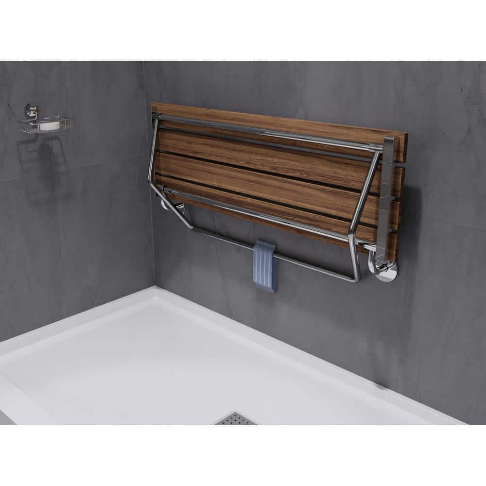 Polished Chrome Teak Wood Wall Mounted Folding Shower Seat