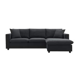 100 in. Modern Polyester Fabric Sectional Sofa in Black with 2 Pillows and Convertible Ottoman for Living Room