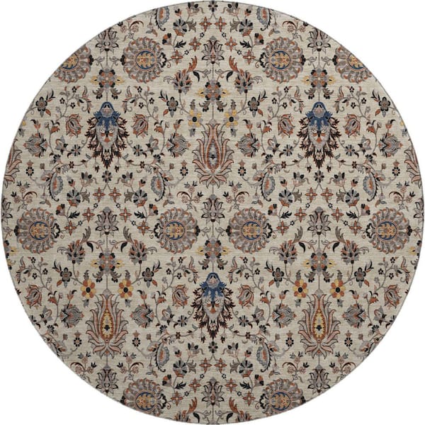 Mayfield Premium Machine Washable Abstract AMF2192 Beige 8 ft. x 8 ft. Round Rug