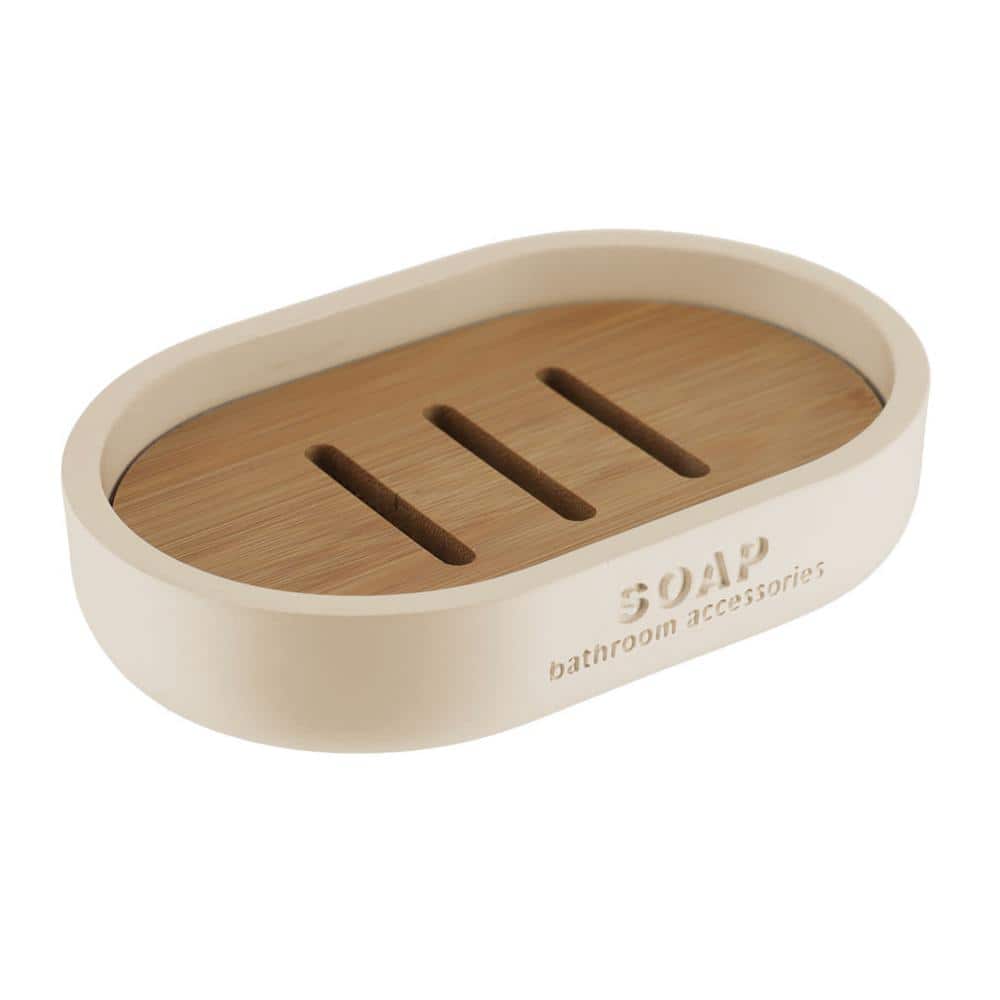Beige Polyresin Soap Dish with Natural Bamboo Base