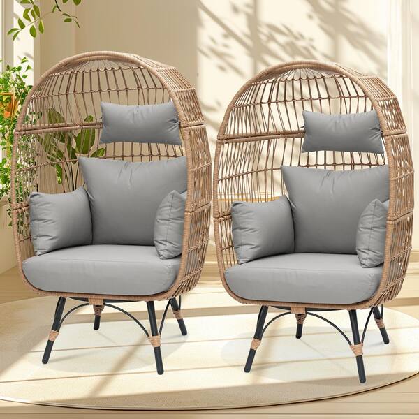 FINCATI Patio Beige Stationary Wicker Ourdoor Indoor Lounge Egg Chair with Light Gray Cushions 440 lbs. Capacity (2-Chairs)