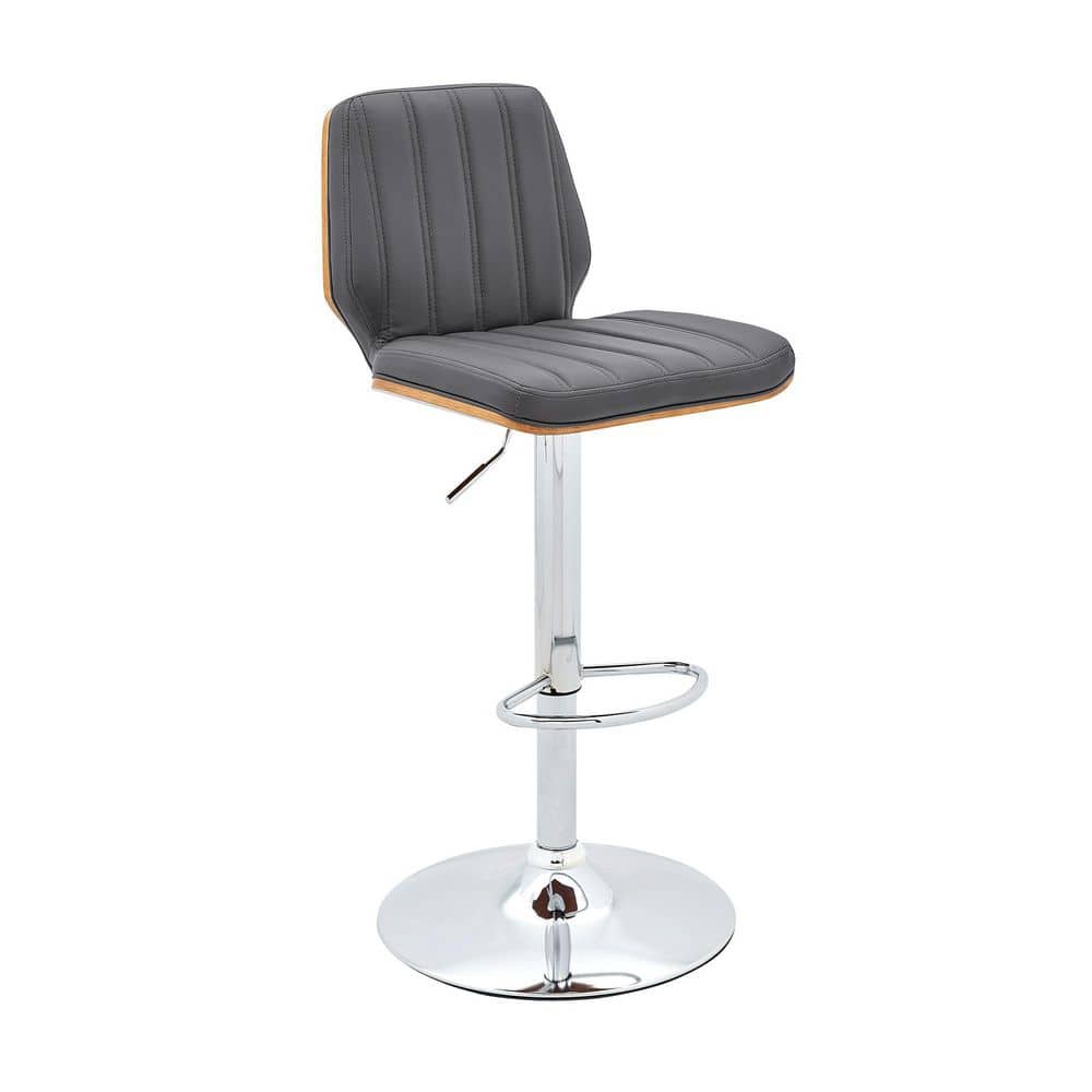 Gray Adjustable Swivel Bar Stool with Chrome and Walnut Accents