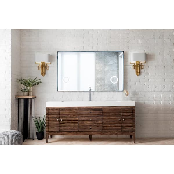 Linear 72.5 in. W x 19 in.D x 34.3 in.H Single Bath Vanity in Mid Century Walnut with Solid Surface Top in Glossy White
