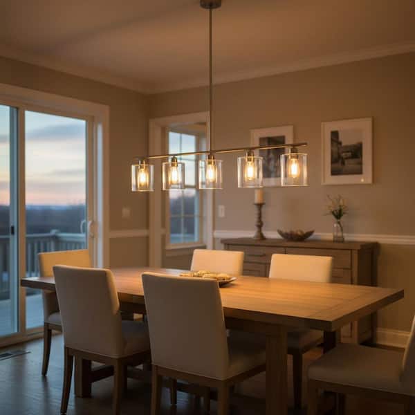 Modern 5-Light Brushed Nickel Linear Chandelier, Clear Glass Pendant Light for Kitchen Island & Dining Room Decor