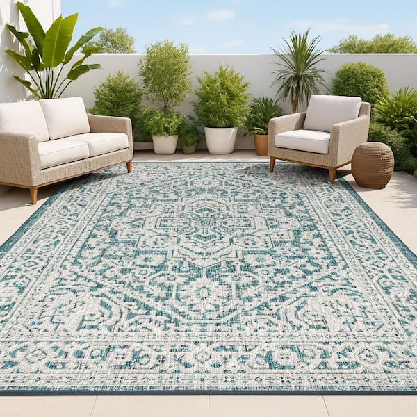 Sinjuri Medallion Teal Blue/Gray 7 ft. 9 in. x 10 ft. Textured Weave Indoor/Outdoor Area Rug