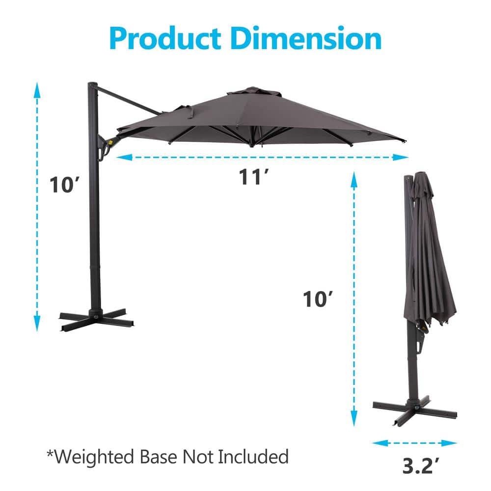 11 ft. Gray Cantilever Patio Umbrella with Steel Pole and 360° Rotation