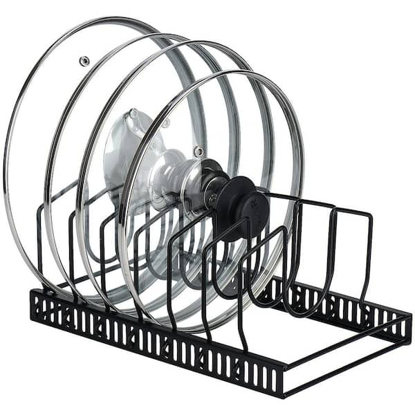 Standing Iron Tiered Shelf Pot Rack, 7 Adjustable Compartments Pot Lids Organizer for Cabinet & Countertop, in Black