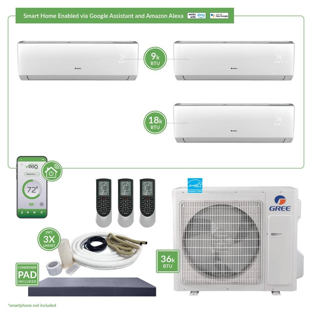 Gen3 Smart Home Triple-Zone 34,000 BTU 3 Ton Ductless Mini Split Air Conditioner with Heat, Inverter, Remote - 230-Volt -  GREE, MULTI36VIR307HP