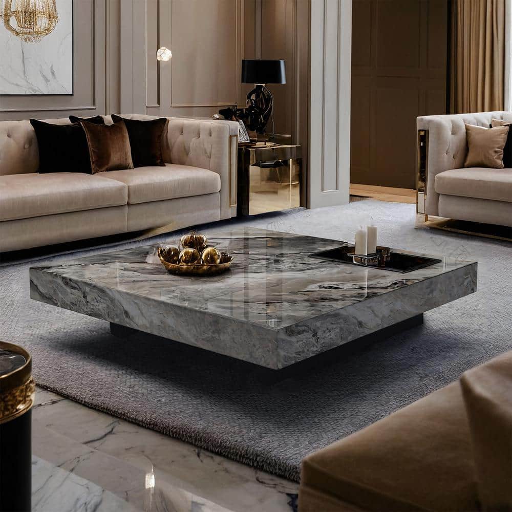 JASIWAY Brown 39.37 in. Square Rock Plate Stone Top Coffee Table J