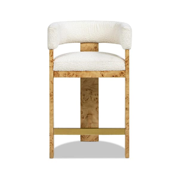 Vavona 26.5 in. Burl Upholstered Barrel Back Faux Sherpa Fur Counter Height Bar Stool in Polar Off-White