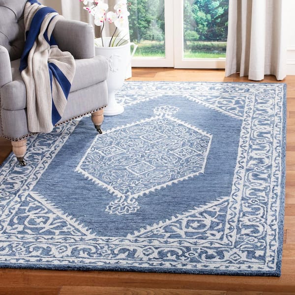 Micro-Loop Blue/Ivory 5 ft. x 5 ft. Square Floral Border Medallion Area Rug