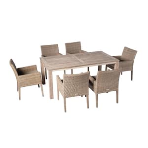 6-Piece Armchairs and 71 in. Rectangular Wood Outdoor Dining Set table with Brown Cushion and umbrella