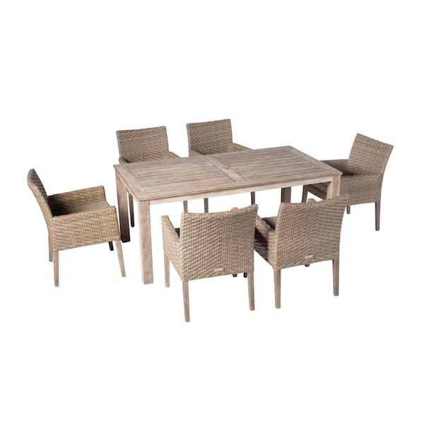 Alfresco Home 6-Piece Armchairs and 71 in. Rectangular Wood Outdoor Dining Set table with Brown Cushion and umbrella