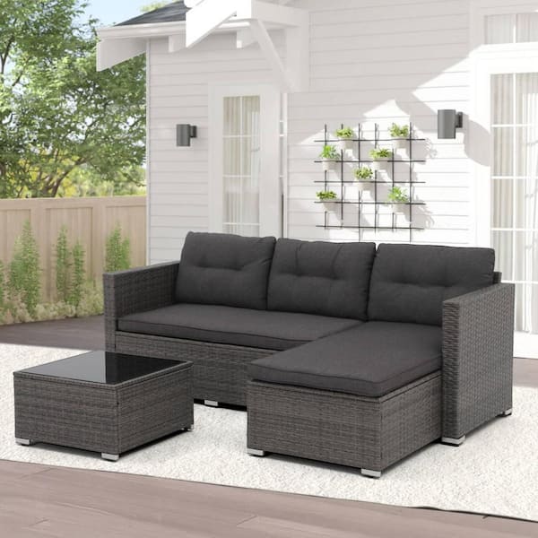 3-Piece Wicker Grey Outdoor Patio Small Conversation Set with Dark Grey Cushions
