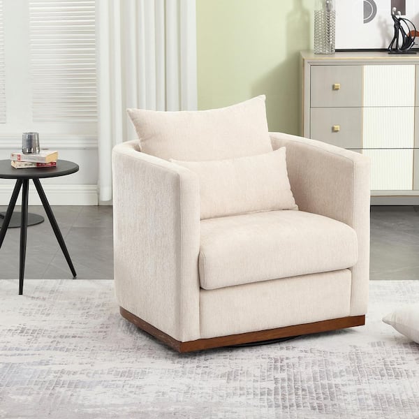 Beige Chenille Swivel Barrel Chair Comfy Round Accent Sofa Arm Chair for Living Room