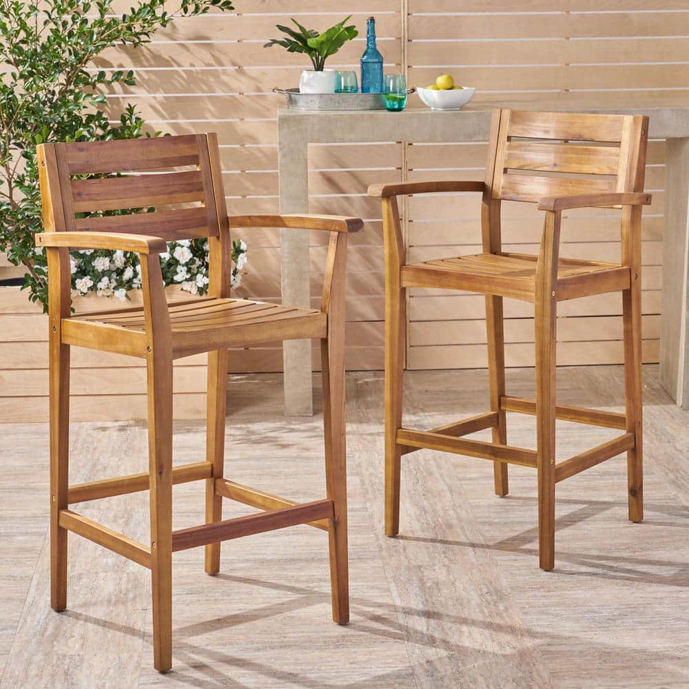 Rustic Acacia Wood Tapered-Leg Barstool, Teak Brown - Set of 2