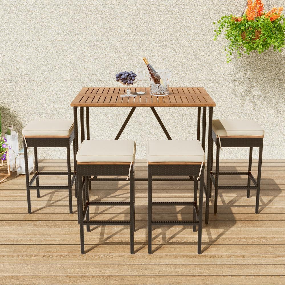 Brown 5-Piece Acacia Wood Bar Height Table Outdoor Dining Set with Beige Cu
