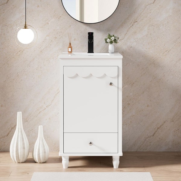 18 in. W x 18 in. D x 34 in. H Freestanding 1-Sink Bath Vanity in White with White Ceramic Top and Drain Faucet Set