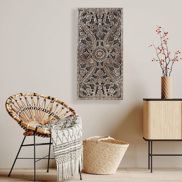 TUKTUK Bulda 31.5 in. x 15.75 in. Bronze Distressed Carved Art Wall Decor Wall Sculptur Wooden Wall Art (Set of 2）