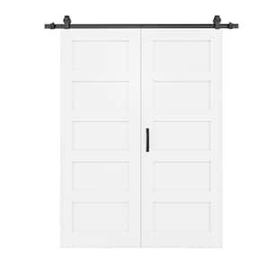 60 in. x 80 in. Paneled 5 Lite White Primed MDF Bifold Sliding Barn Door with Hardware Kit