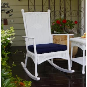 Portside Classic Outdoor Rocking Chair White Wicker with Blue Cushion