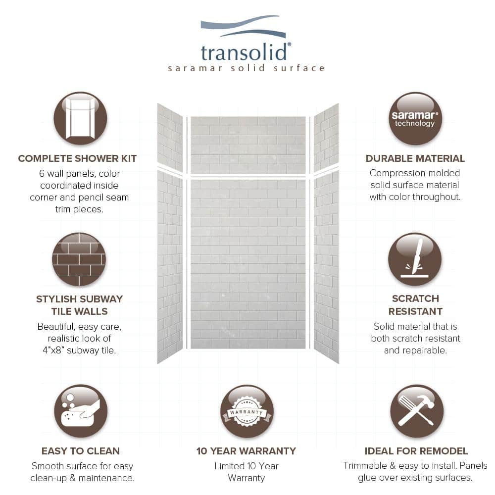 Lunar Gray Subway Tile 48'' x 96'' Solid Surface Shower Wall Kit