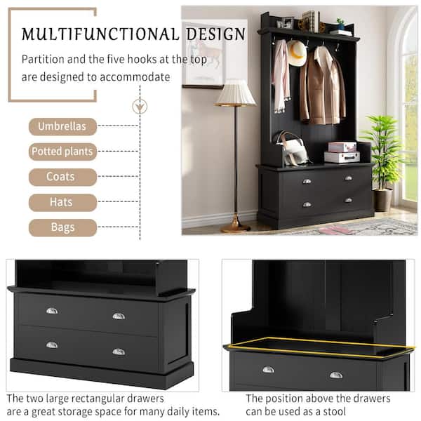 Full Entryway Storage Set with Coat Rack and Shoe Bench with Drawers in Black Suede Oak Bush Furniture