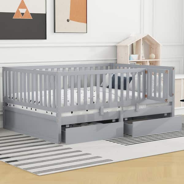 Harper & Bright Designs Detachable Gray Full Size Wood Daybed with Fence Guardrails, 2-Drawer, Split into Independent Floor Bed and Daybed