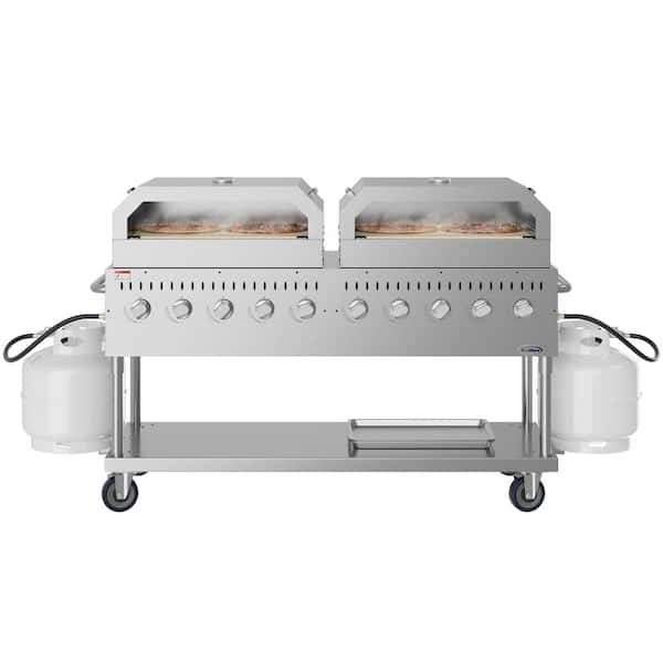 Portable Commercial Outdoor Propane Grill 72 in. with Two 36 in. Pizza Ovens in Stainless Steel