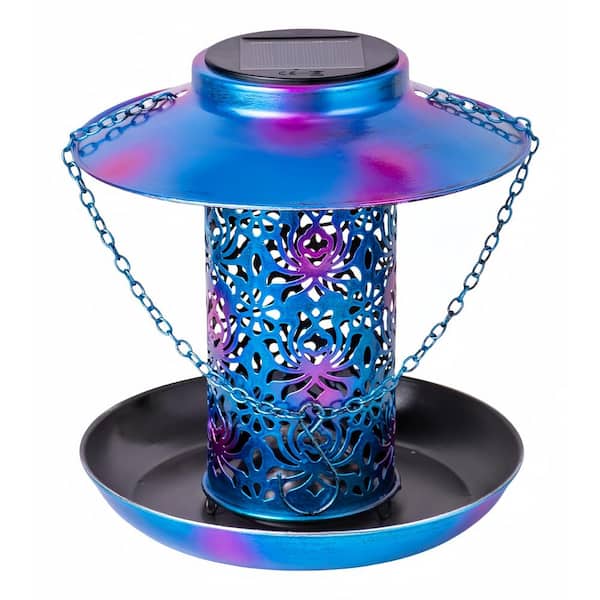 Unbranded Blue Metal Water Resistant Solar Bird Feeder with S Hook and Light as Gift Idea for Bird Lover