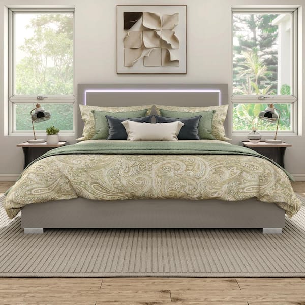 Furniture of America Mesala Beige Wood Frame Eastern King Panel Bed with LED on Headboard