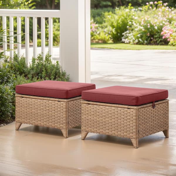moosprr Yellow Wicker Outdoor Ottoman with Red Cushions (2-Pack)