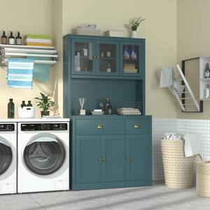 Teal Blue Kitchen Pantry Cabinet Storage with Adjustable Shelves, Buffet Cupboard and Microwave Stand