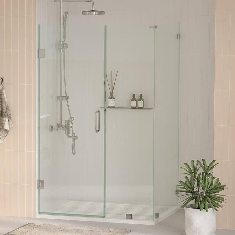 Kobiworks Nirvana 38 in. W x 38 in. L x 76 in. H Pivot Frameless Corner Shower Enclosure in Brushed Nickel with 3/8" Clear Glass