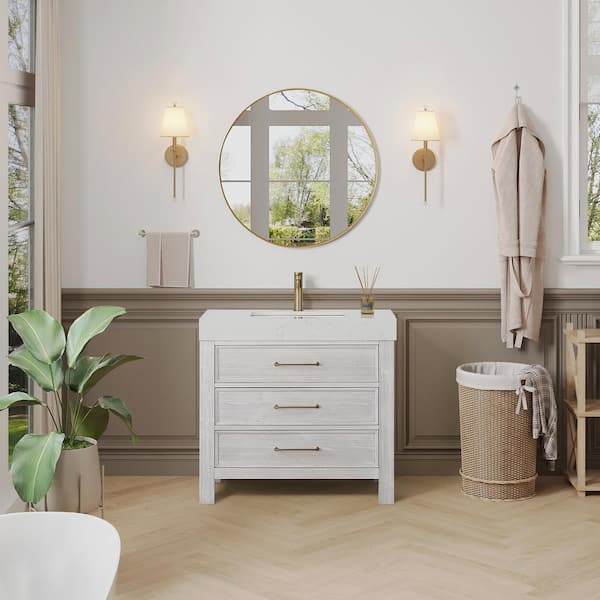 ROSWELL Leon 36 in. W x 22 in. D x 34 in. H Single Freestanding Bath Vanity in Washed White with White Composite Stone Top
