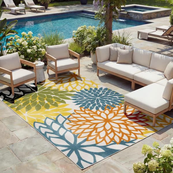 Aloha Turquoise Multicolor 9 ft. x 12 ft. Floral Contemporary Indoor/Outdoor Patio Area Rug