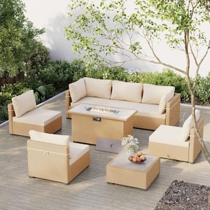 8-Piece Outdoor Yellow Wicker Patio Conversation Set with Wicker Fire Pit Table with Beige Cushions